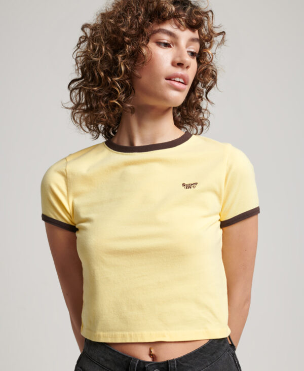 Organic Cotton Ringer Crop T shirt Pale Yellow Dark Chocolate Brown W1011118A 9AW 1