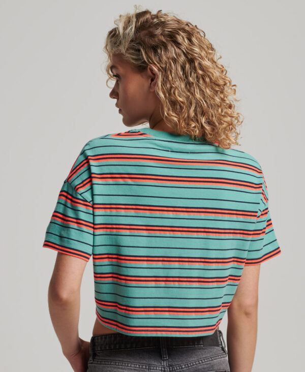Organic Cotton Vintage Boxy Tie Front T Shirt Beryl Green Stripe W1011087A 8RY 2
