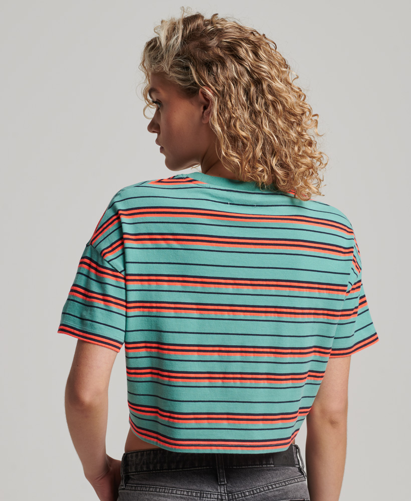 Organic Cotton Vintage Boxy Tie Front T Shirt Beryl Green Stripe W1011087A 8RY 2