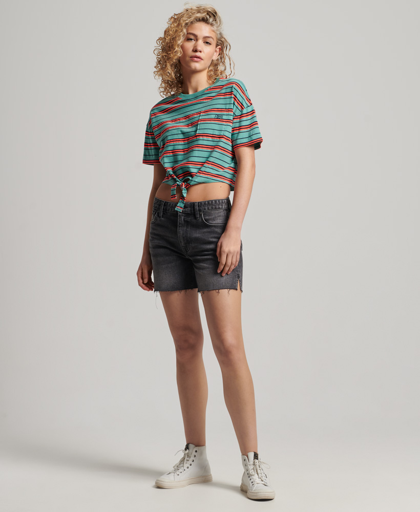 Organic Cotton Vintage Boxy Tie Front T Shirt Beryl Green Stripe W1011087A 8RY 4
