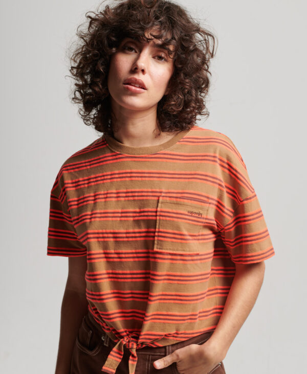 Organic Cotton Vintage Boxy Tie Front T Shirt Denim Co Tobacco Brown Stripe W1011087A 8UY 1