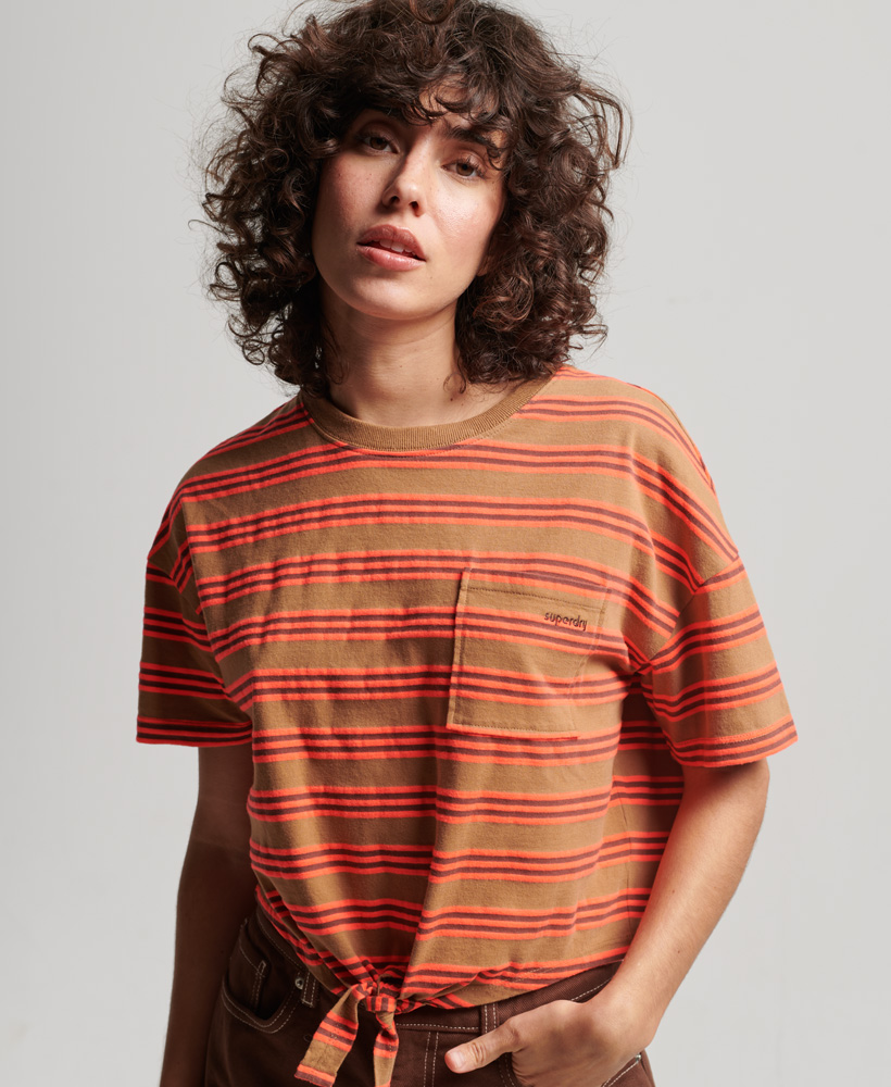Organic Cotton Vintage Boxy Tie Front T Shirt Denim Co Tobacco Brown Stripe W1011087A 8UY 1
