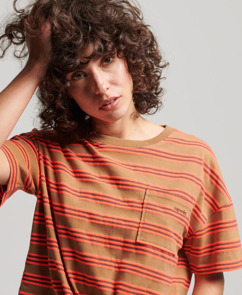 Organic Cotton Vintage Boxy Tie Front T Shirt Denim Co Tobacco Brown Stripe W1011087A 8UY 2