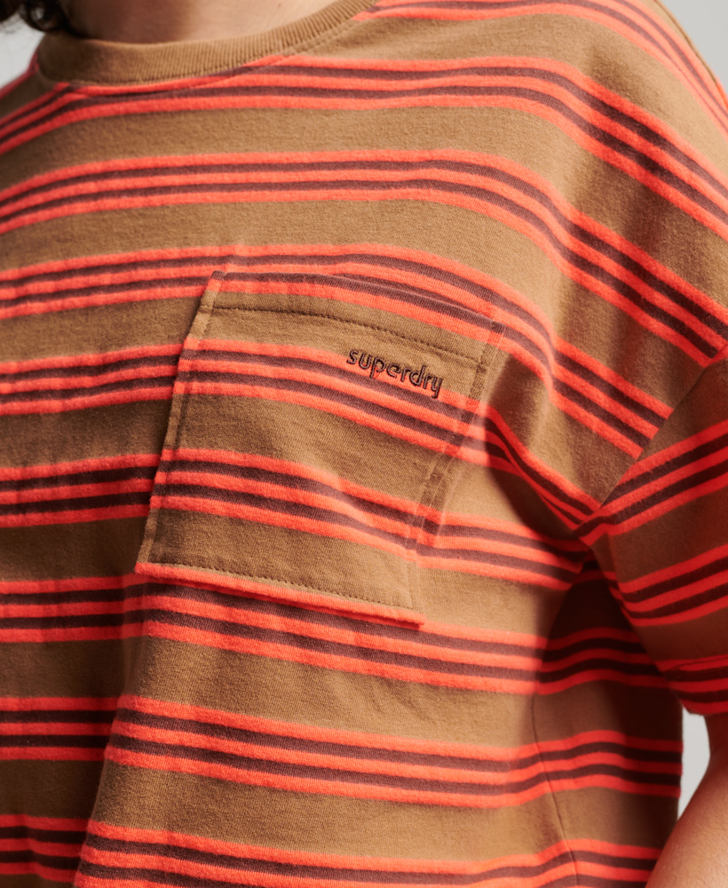 Organic Cotton Vintage Boxy Tie Front T Shirt Denim Co Tobacco Brown Stripe W1011087A 8UY 3