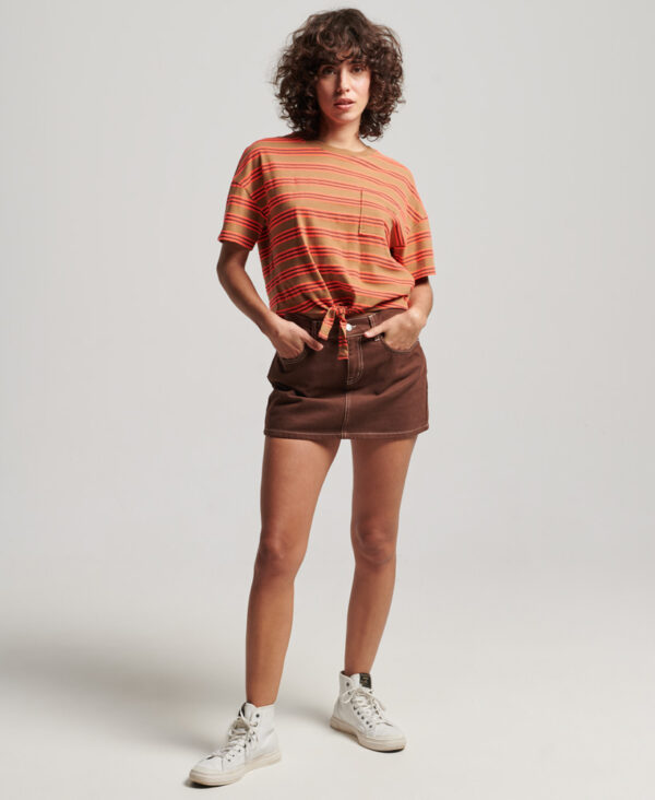 Organic Cotton Vintage Boxy Tie Front T Shirt Denim Co Tobacco Brown Stripe W1011087A 8UY 4