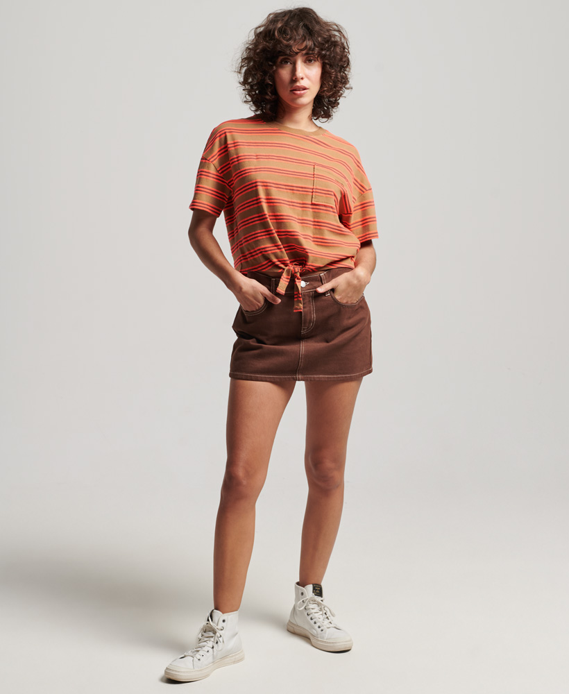 Organic Cotton Vintage Boxy Tie Front T Shirt Denim Co Tobacco Brown Stripe W1011087A 8UY 4