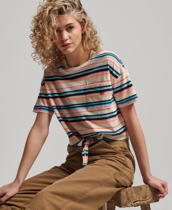 Organic Cotton Vintage Boxy Tie Front T Shirt Oatmeal Stripe W1011087A 8ZX 3