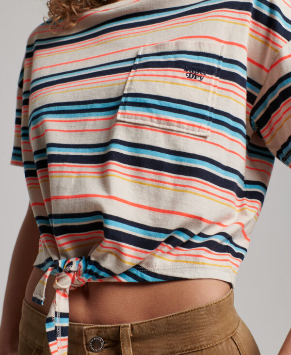 Organic Cotton Vintage Boxy Tie Front T Shirt Oatmeal Stripe W1011087A 8ZX 4