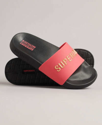 Code Logo Vegan Pool Slide Black Active Pink Metallic Gold WF310199A 9WL 1