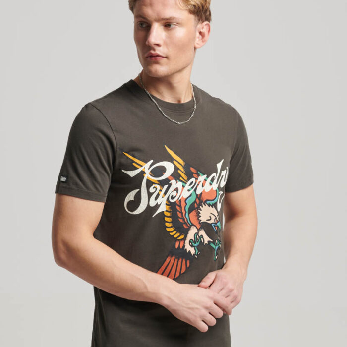 Tattoo Script Graphic T Shirt Dark Grey Green M1011751A 3JZ 1