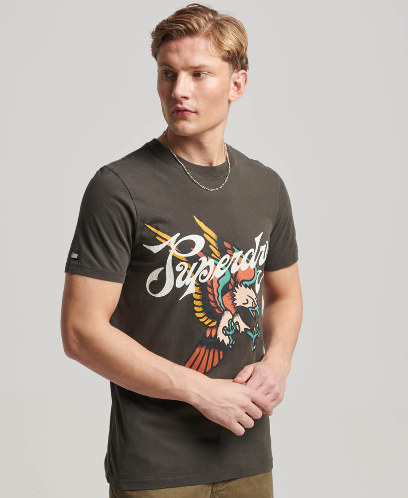 Tattoo Script Graphic T Shirt Dark Grey Green M1011751A 3JZ 1