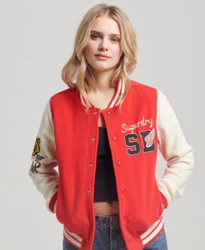 College Scripted Jersey Bomber Jacket Oatmeal Rebel Red W2011983A 1GJ 1