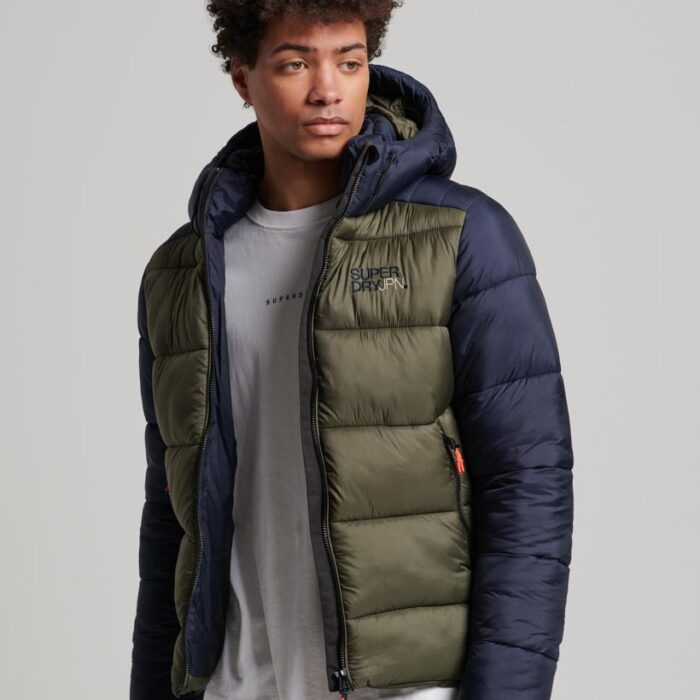 Hooded Colour Block Sports Puffer Jacket Eclipse Navy Dark Moss M5011752A 9UK 1